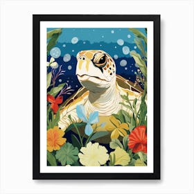 Modern Illustration Of Sea Turtle & Flowers 2 Art Print