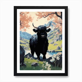 Black Bull In The Highlands By The River Art Print
