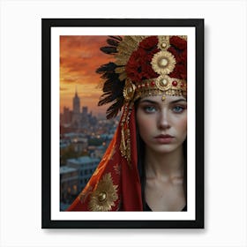 Russian Woman In Traditional Costume At Sunset Art Print