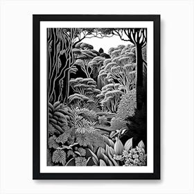 Royal Botanic Gardens, Sydney, Australia Linocut Black And White Vintage Art Print