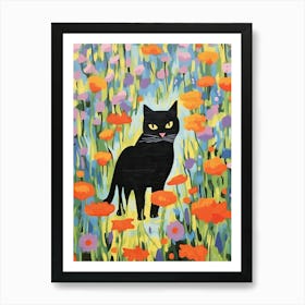 Cute Black Cat Painting In A Field Of Flowers Art Print