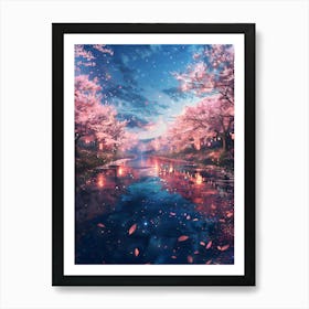 Cherry Blossoms And River Art Print