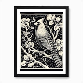 B&W Bird Linocut Cardinal 1 Art Print
