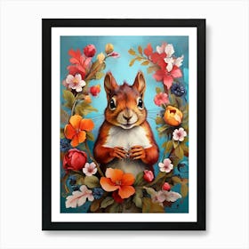 Squirrel With Flowers art print 2 Art Print