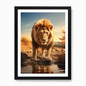 African Lion Drinking From A Stream Realistic 8 Art Print