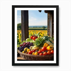 Assorted Vegetables And Fruits From A Fresh Farm Harvest Arranged In A Rustic Wicker Basket Overfl Art Print