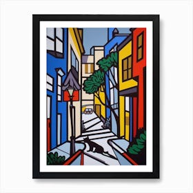 Painting Of San Francisco With A Cat In The Style Of Pop Art, Illustration Style 4 Art Print