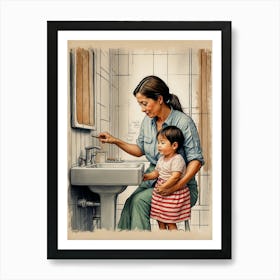 Mother And Child Washing Hands Art Print