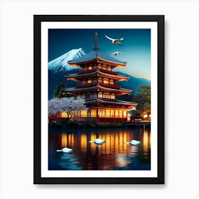 Japanese Pagoda At Night Art Print