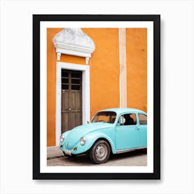 Blue Beetle And Orange Wall In Valladolid Mexico Art Print