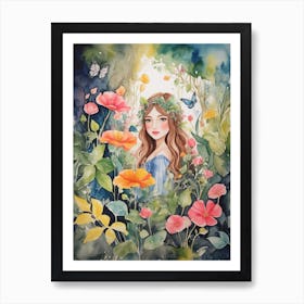 Watercolor Of A Girl With Flowers Art Print