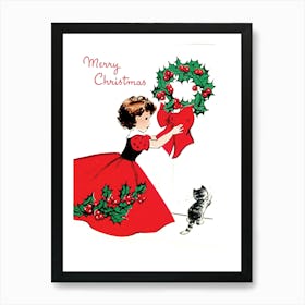 Young Girl In Red Dress And A Christmas Wreath Art Print