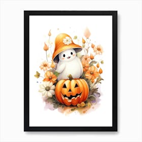 Cute Ghost With Pumpkins Halloween Watercolour 52 Art Print