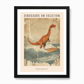 Vintage Diplodocus Dinosaur On A Surf Board 2 Poster Art Print