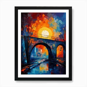 Sunset Stone Bridge, Abstract Vibrant Colorful Painting in Van Gogh Style Art Print