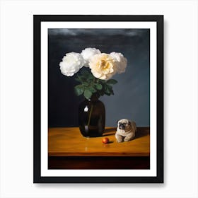 Painting Of A Still Life Of A Freesia With A Cat, Realism  1 Art Print