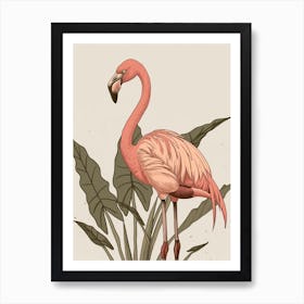 American Flamingo And Alocasia Elephant Ear Minimalist Illustration 3 Art Print