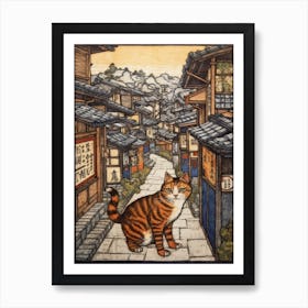 Painting Of Tokyo With A Cat In The Style Of Renaissance, Da Vinci 1 Art Print