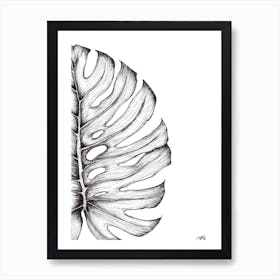 Black and White Monsteria Leaf Left Art Print