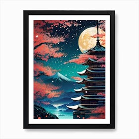 Japan Mount Fuji ~ Full Moon Blossom and Ice Travel Adventure Visionary Wall Decor Futuristic Sci-Fi Trippy Surrealism Modern Digital  Art Print