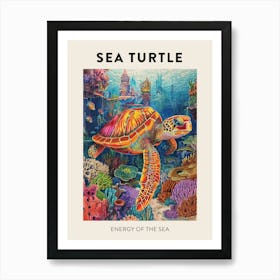 Sea Turtle In A Rainbow Underwater World Pencil Drawing Poster Art Print