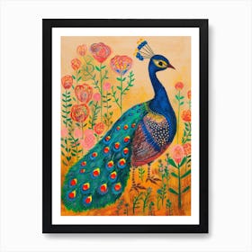 Peacock With The Roses Illustration Art Print