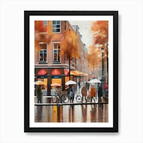 Amsterdam cafes, autumn season, rain, autumn oil colours.Faded colours,People passing on the street, winter clothes, rain umbrellas.12 3 Art Print