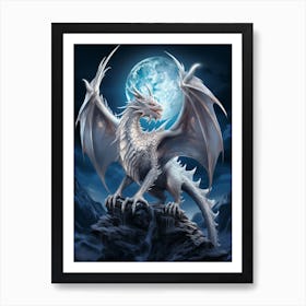 A White Dragon Flies In Front Of A Full Moon Art Print