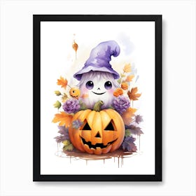 Cute Ghost With Pumpkins Halloween Watercolour 140 Art Print