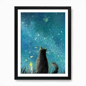 Cat Gazing at the Starry Night with Fireflies Art Print