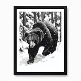 Malayan Sun Bear Walking Through A Snow Covered Forest Ink Illustration 3 Art Print