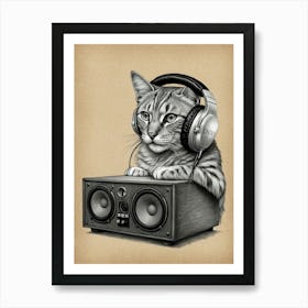 Cat Listening To Music 1 Art Print