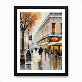 Paris cafes, winter season, Christmas, autumn oil colors, pale colors, pedestrians in the street, winter clothes, falling snow.Christmas decorations.16 Art Print