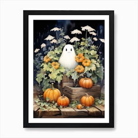 Cute Bedsheet Ghost, Botanical Halloween Watercolour 27 Art Print