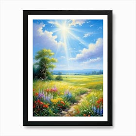 Cottage Nestled In A Meadow Rays Of Sunlight Filtering Through Fluffy Clouds Onto Blooming Wildflow Art Print