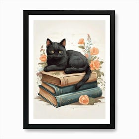 Black Cat On Books 1 Art Print