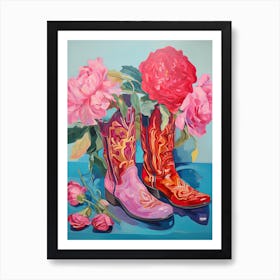 Oil Painting Of Hydrangea Flowers And Cowboy Boots, Oil Style 4 Art Print