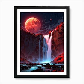 Red Moon And Waterfall Art Print