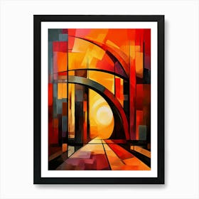 Bridge of Dreams III, Abstract Colorful Painting in Red, Yellow and Black Cubism Picasso Style Art Print