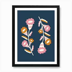 Flowers On A Branch Dark Blue Pink Art Print