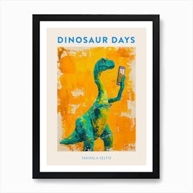 Taking A Selfie Orange Blue Dinosaur Poster Art Print