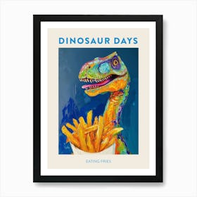 Eating Fries Orange Blue Dinosaur Poster Art Print