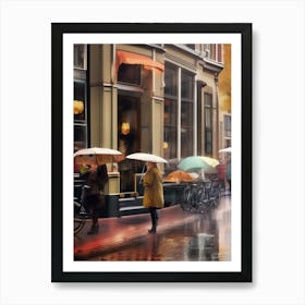 Amsterdam cafes, autumn season, rain, autumn oil colours.Faded colours,People passing on the street, winter clothes, rain umbrellas.10 2 Art Print