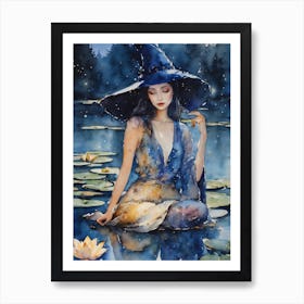 Blue Lotus Witch ~ Fairytale Witchy Pagan Elven Full Moon Witchcraft Oriental Watercolor Painting Sacred Spirit Art Print