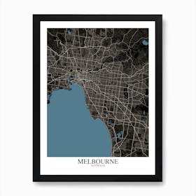 Melbourne Black Blue Map Art Print