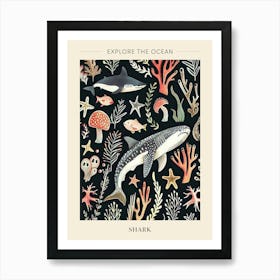 Shark Pattern Seascape Black Background Illustration 2 Poster Art Print