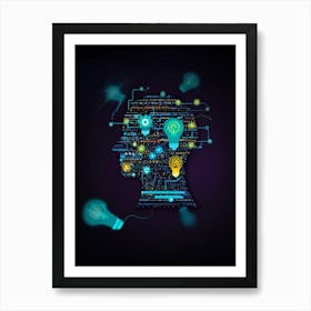 Abstract Concept Art Of A Silhouetted Head Outlined Against A Backdrop Of Light Bulbs And Gears Sym (2) Art Print