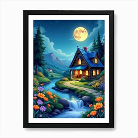 A Beautiful Wooden House Moon Night Landscape V 06 Art Print