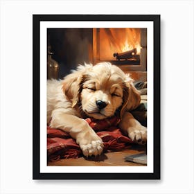 Sleeping Puppy By The Fireplace Art Print