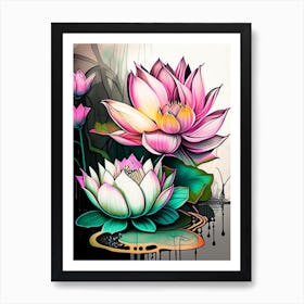 Lotus Flowers In Garden Graffiti 2 Art Print